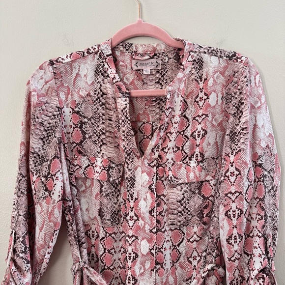 Nanette Lepore Pink Python Print Casual Long Sleeve Tie Waist Blouse Dress Size4 - Picture 3 of 8